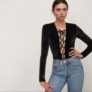 Reformation Avalon Velvet Black Bodysuit
